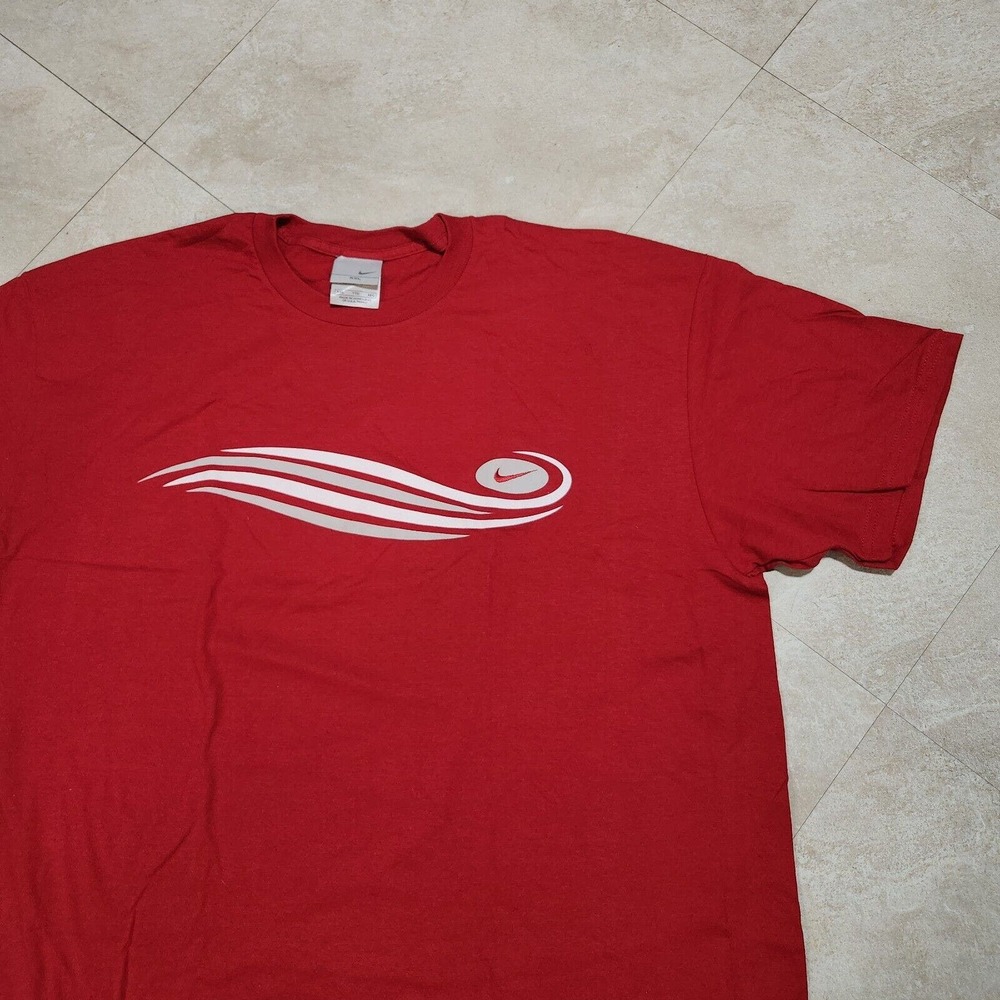 VTG Y2K NIKE Mens 2XL Silver Tag Wave Sphere Swoosh Red Graphic T Shirt 2000s